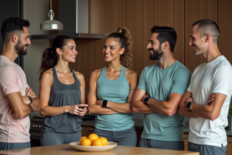 Groupe divers en sport dans une cuisine moderne