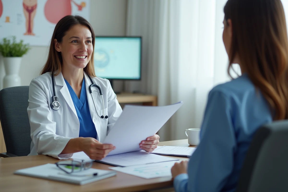 Gynécologue obstétricienne expliquant l'état du col de l'utérus à une femme enceinte lors d'une consultation prénatale dans un cabinet médical