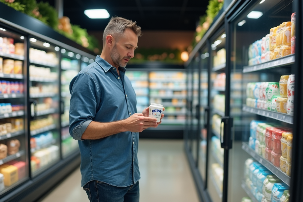 Homme fait ses courses en vérifiant l étiquette du yogourt