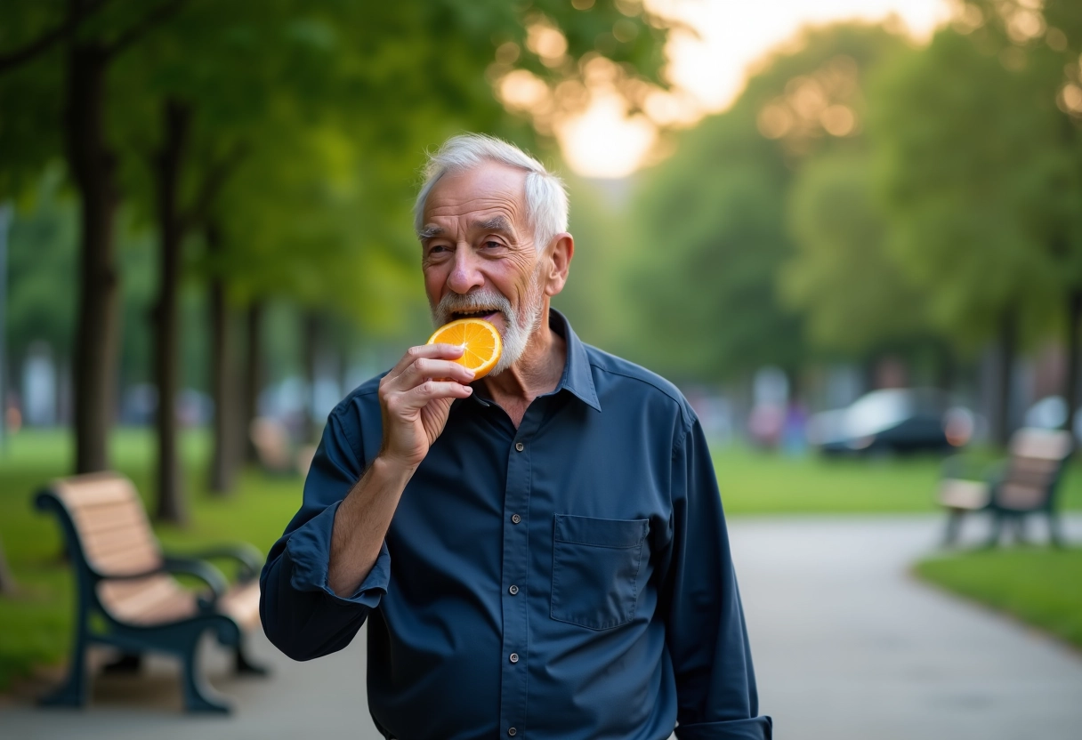 Homme âgé dégustant une orange dans un parc urbain