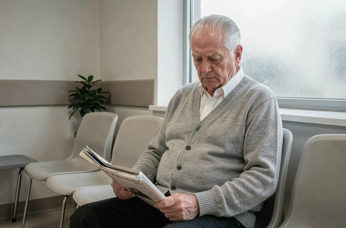Homme âgé assis dans une salle d'attente médicale tenant un journal, ambiance clinique sobre et réaliste
