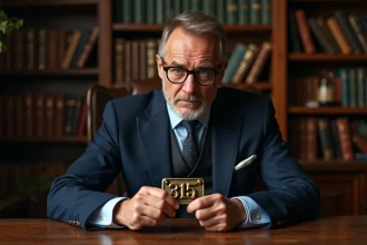 Homme d'âge moyen dans un bureau vintage regardant une plaque 3115