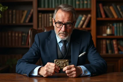 Homme d'âge moyen dans un bureau vintage regardant une plaque 3115