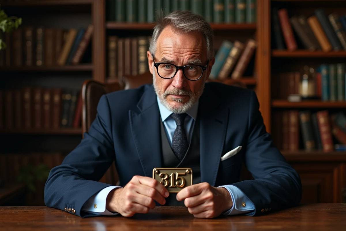 Homme d'âge moyen dans un bureau vintage regardant une plaque 3115
