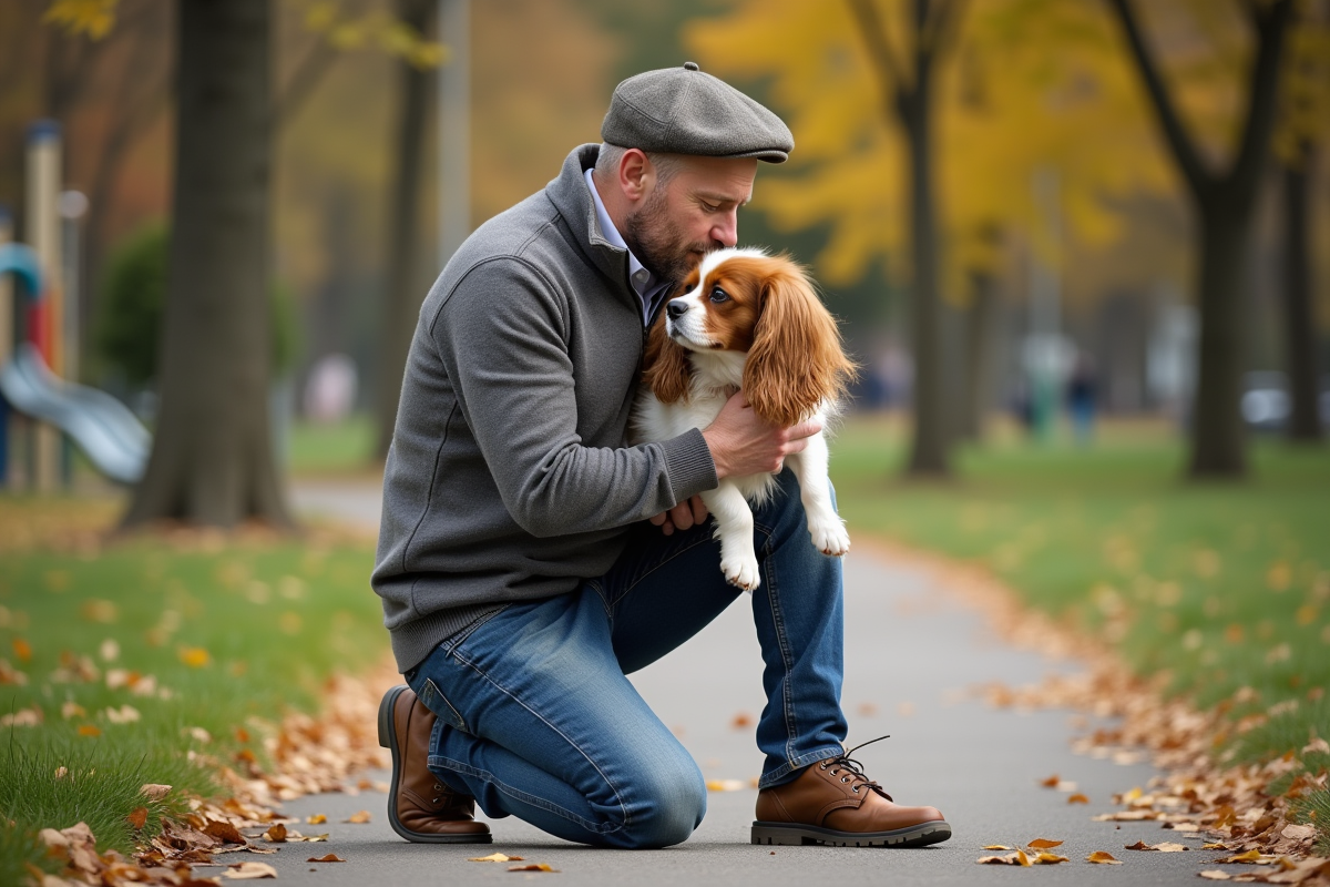 Homme tenant un petit chien dans un parc en automne