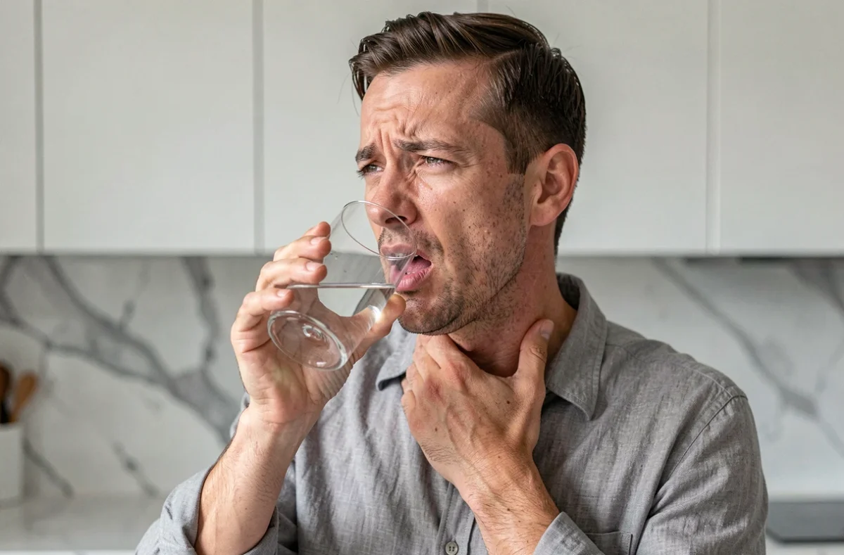 Homme ressentant une sensation de brûlure au palais après avoir bu de l'alcool fort, expression de gêne naturelle dans une cuisine moderne