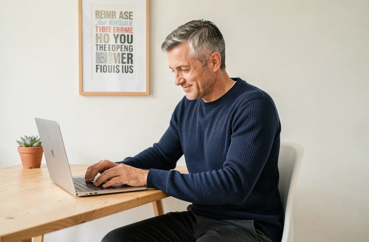 Homme souriant lisant un blog de psychologie positive sur un ordinateur portable dans un bureau minimaliste moderne