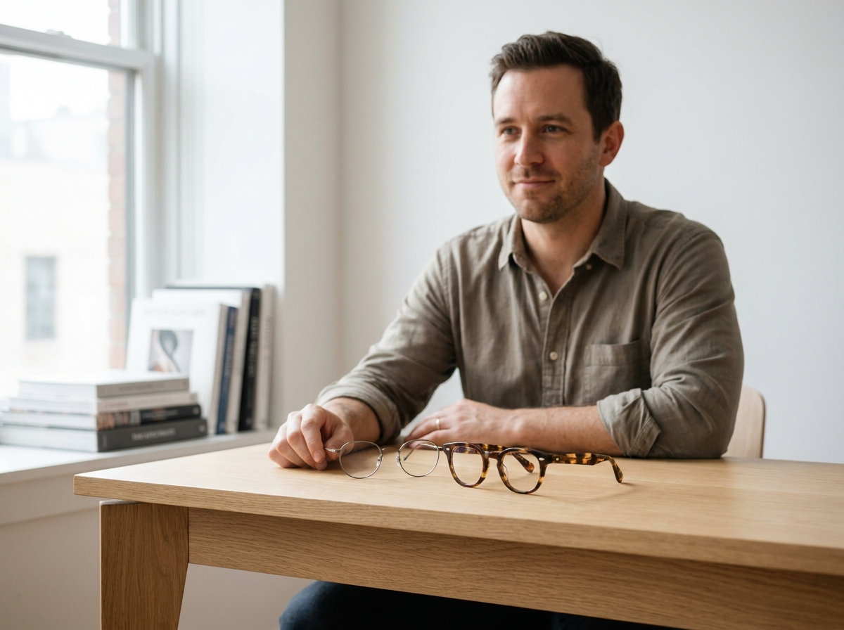 Homme assis face à deux paires de lunettes posées sur un bureau, comparaison entre monture classique et modèle premium de créateur