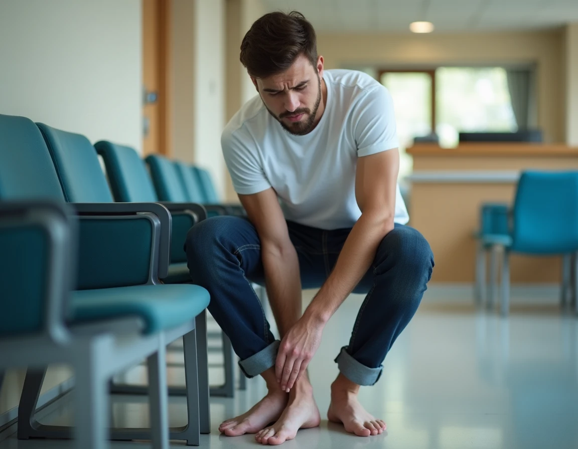 Homme aux urgences avec une cheville gonflée et enflée en attente de consultation