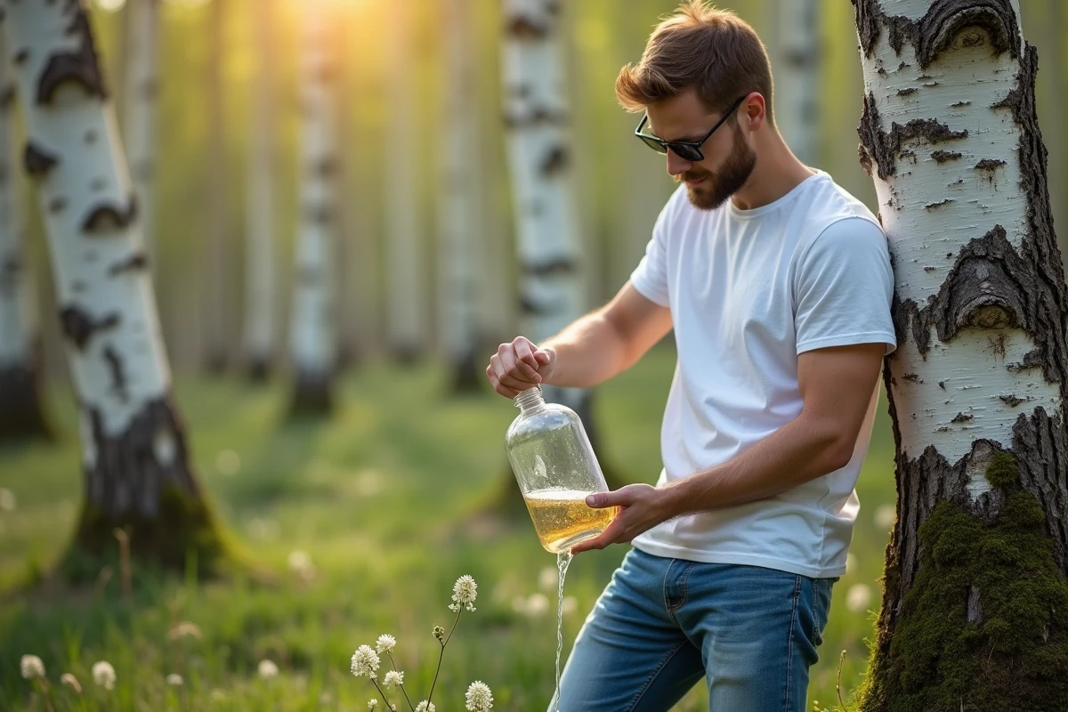 Jeune homme récoltant la sève de bouleau en forêt au printemps