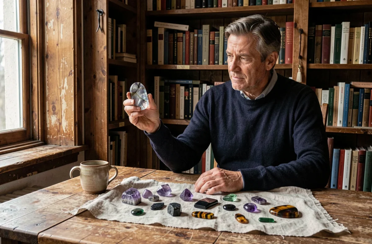 Homme examinant une collection de pierres semi-précieuses dont une labradorite sur une table en bois dans une bibliothèque