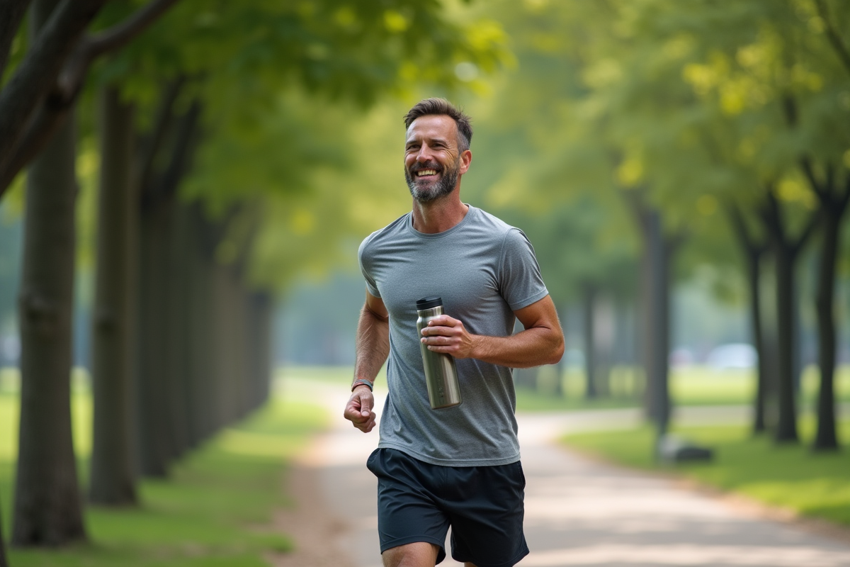 Homme en activité buvant dans une bouteille réutilisable en plein air