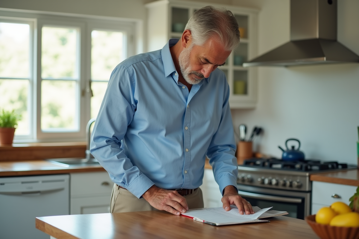Homme en cuisine prenant des notes sur son repas