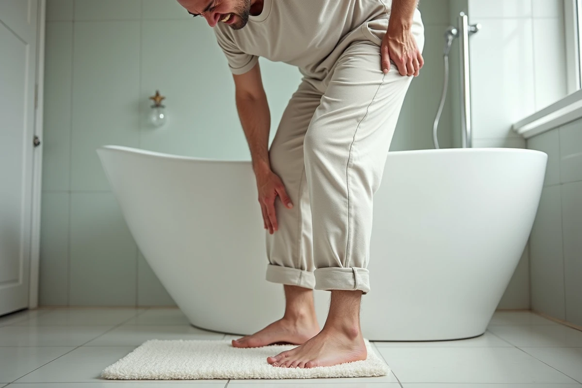 Homme âgé se tenant le talon dans une salle de bain moderne
