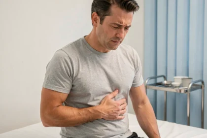 Homme tenant sa cage thoracique avec une expression de douleur lors d'une consultation médicale pour côtes déplacées
