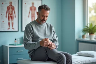 Homme d'âge moyen touchant son genou douloureux en cabinet médical