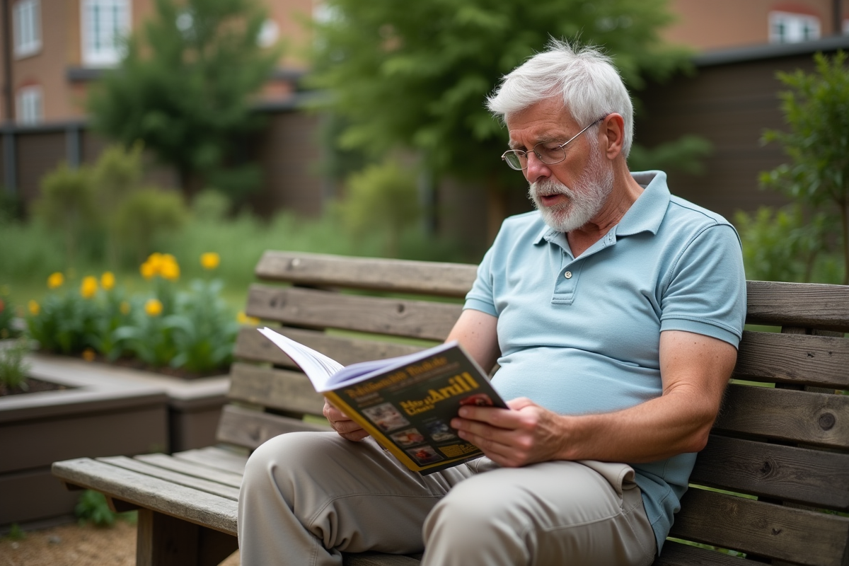 Homme lisant dans un jardin urbain avec eczema visible