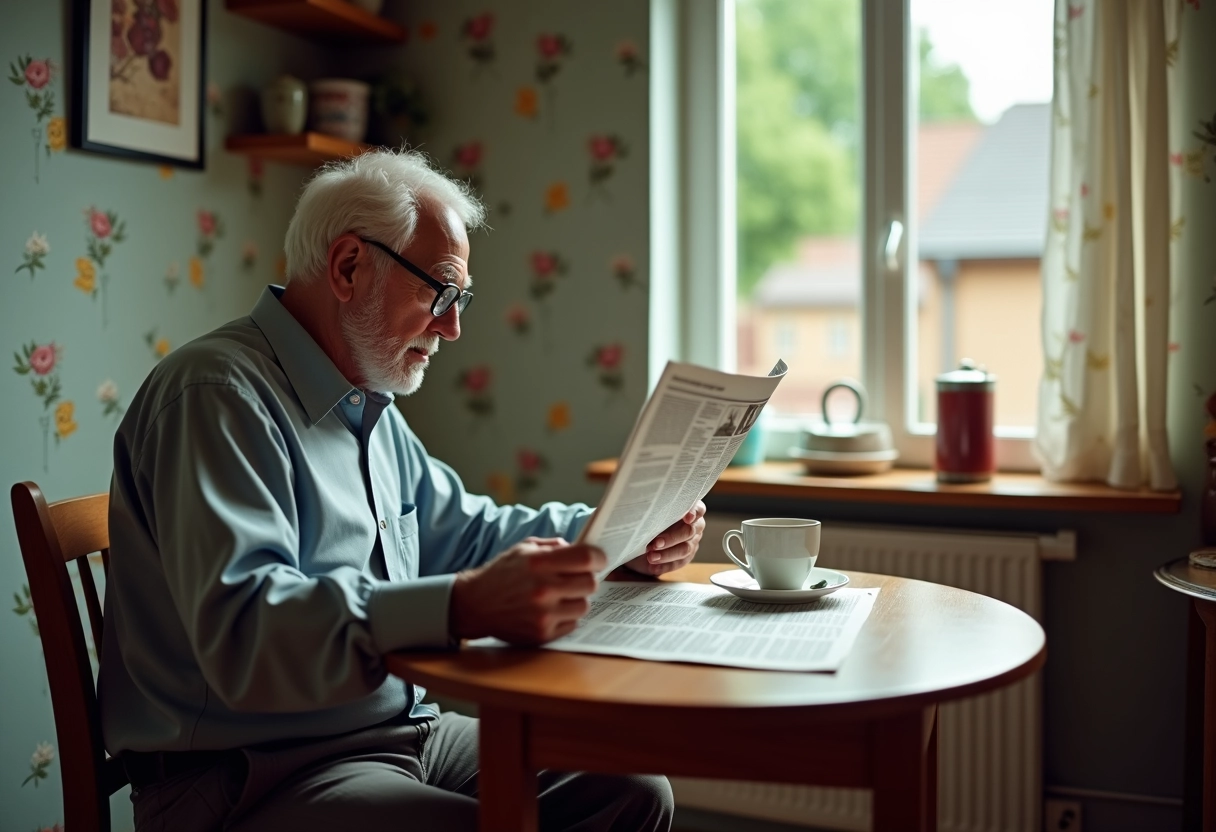 Homme âgé lisant un journal dans une cuisine chaleureuse