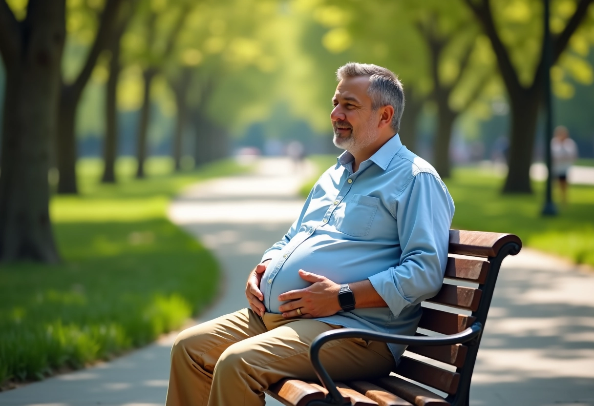 Homme enceinte assis dans un parc en plein air