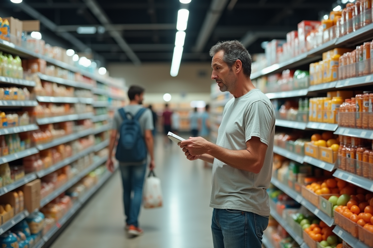 Homme en supermarche regardant etiquettes alimentaires