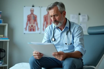 Homme d'&acirc;ge moyen en chemise d&eacute;contract&eacute;e dans un cabinet m&eacute;dical