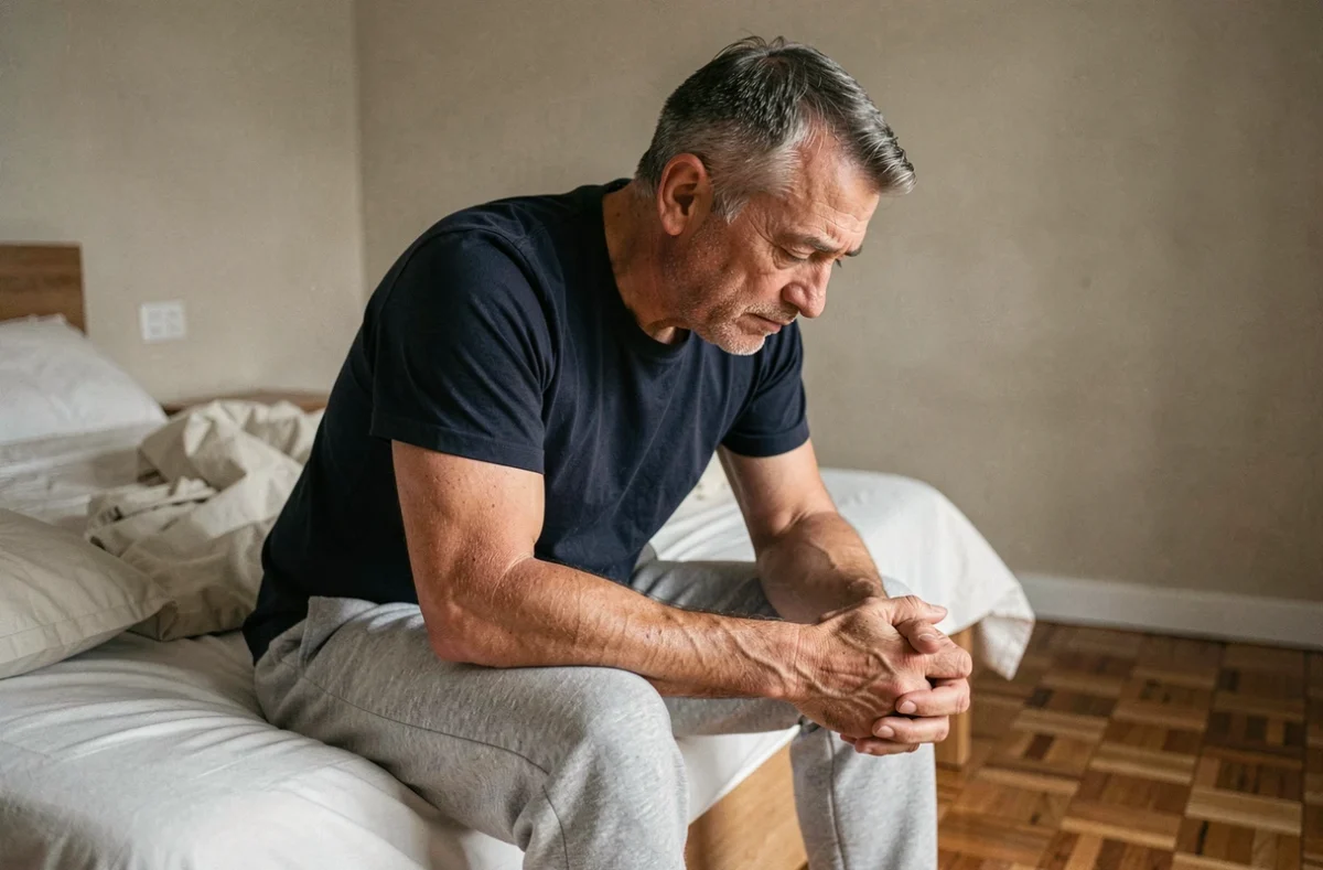 Homme assis au bord du lit au petit matin, épuisé après une nuit de sommeil perturbé par des séquelles de névrite vestibulaire