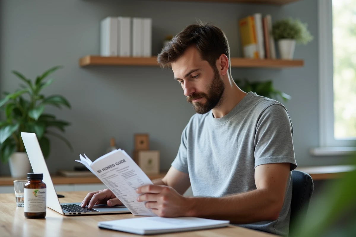Homme consultant un guide sur la flore intestinale avec des compléments Floravia Nutrisolution sur un bureau minimaliste