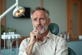 Homme inquiet en salle dentaire moderne