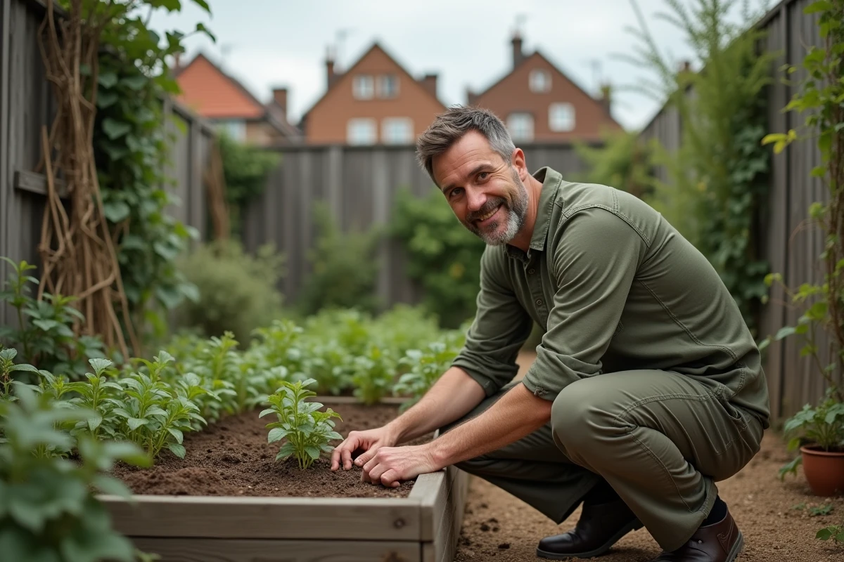 Homme jardant dans un potager urbain en plein air entouré de plantes et de bacs en bois