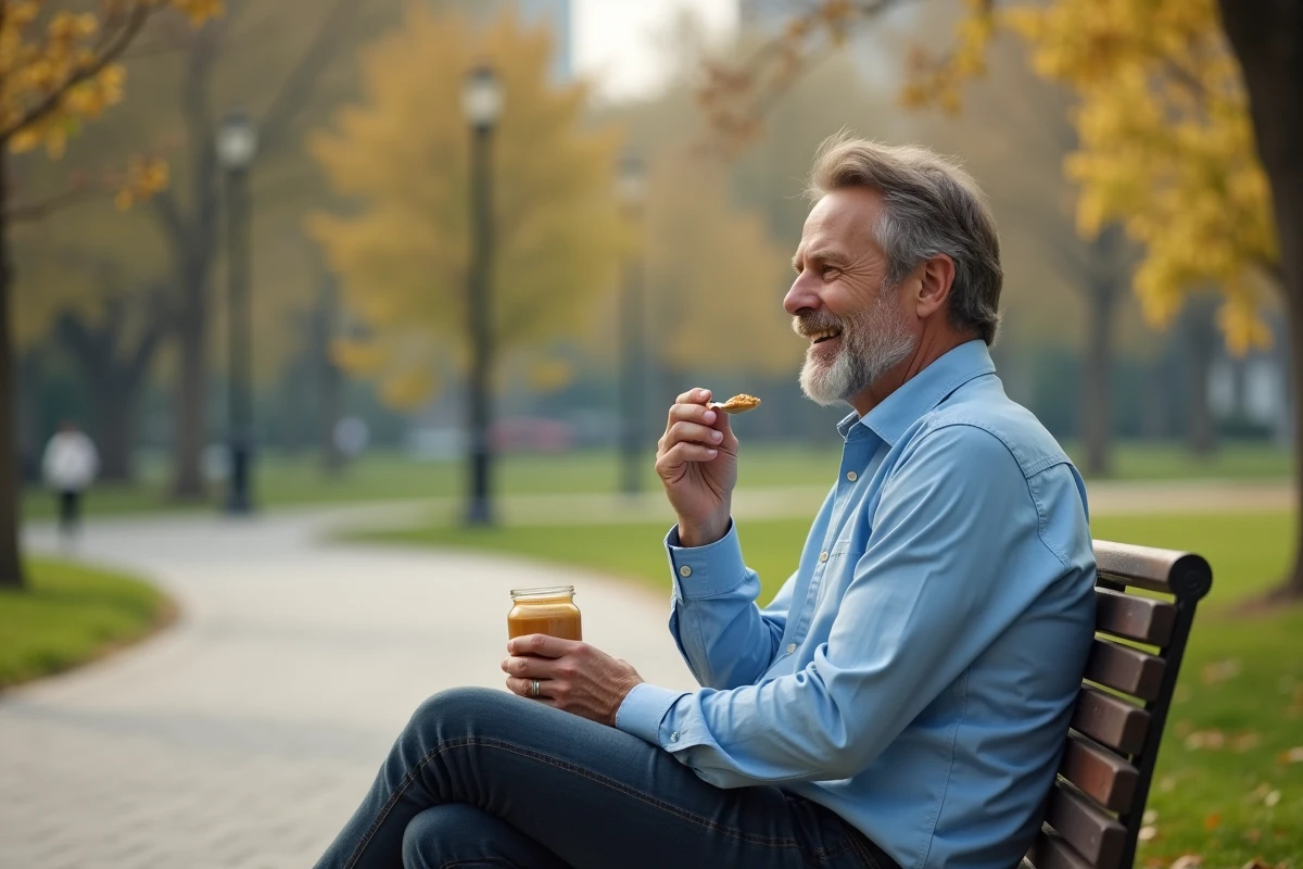 Homme faisant du jogging dans un parc urbain avec beurre de cacahuete