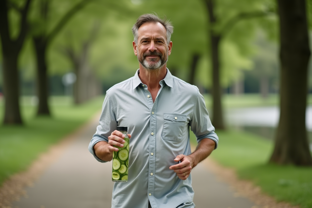 Homme courant dans un parc avec bouteille d