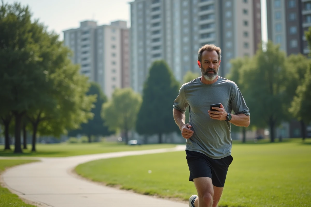 Homme en jogging dans un parc urbain vérifiant une application fitness