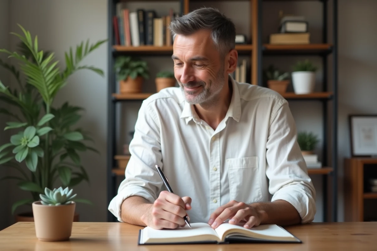 Homme en pleine réflexion écrivant dans un journal personnel à son bureau, symbolisant l'introspection et le soutien psychologique en ligne
