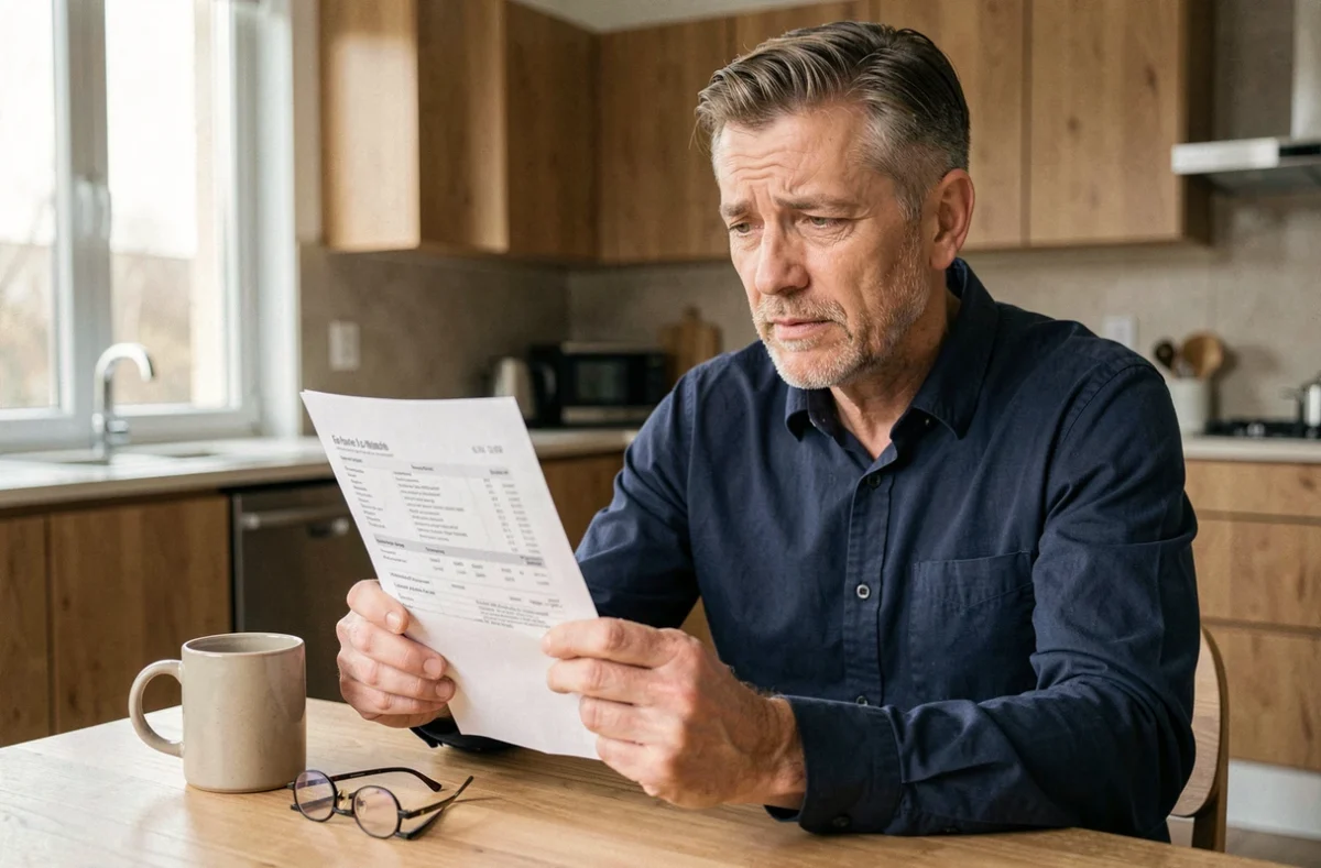 Homme lisant ses résultats de prise de sang Gamma GT à domicile avant une consultation médicale