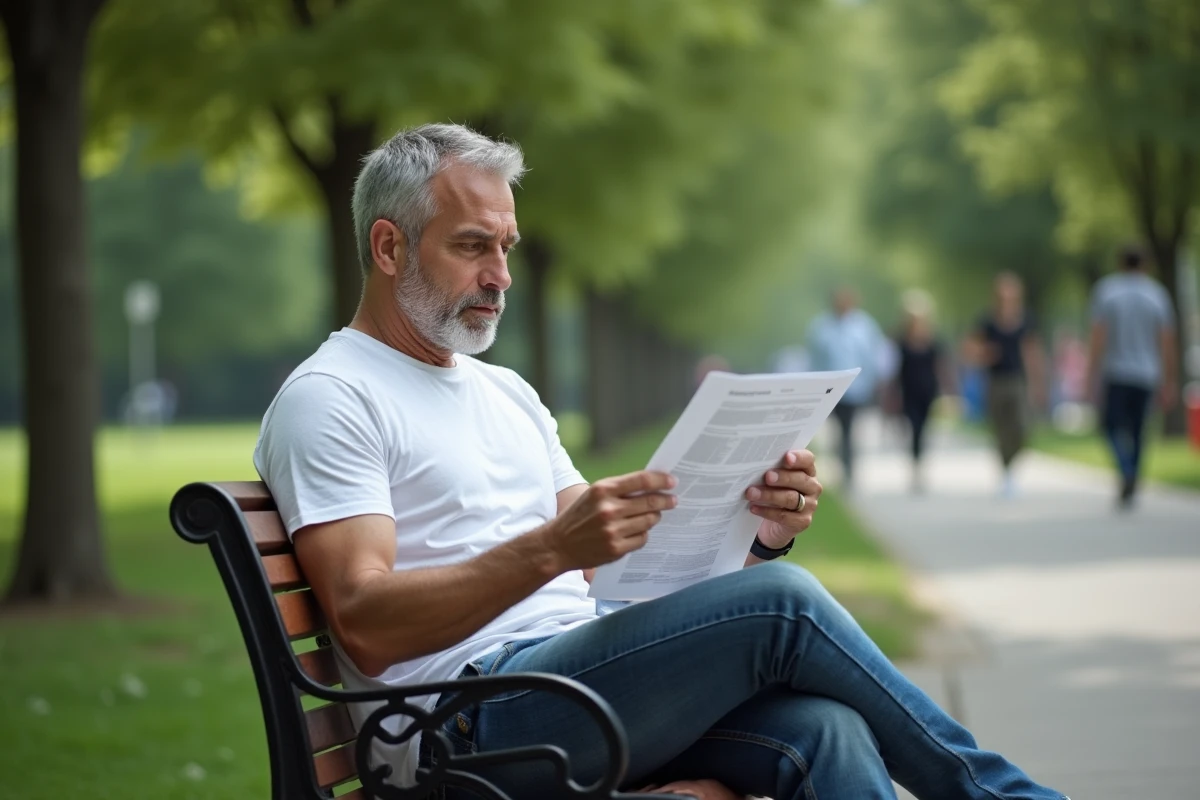 Homme lisant un rapport m&eacute;dical dans un parc