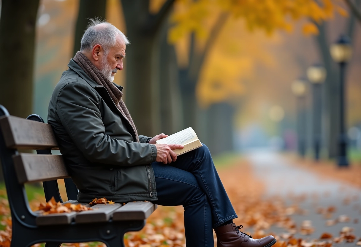 Homme lisant un livre dans un parc en automne