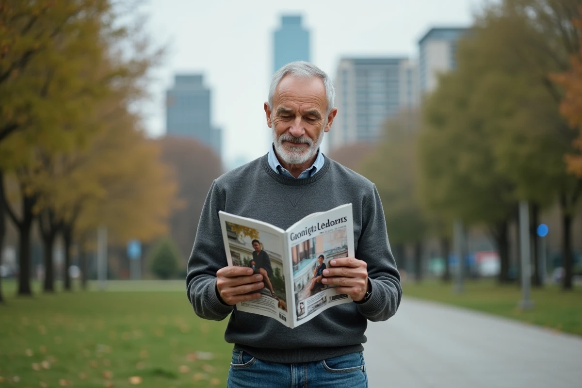 Homme lisant un magazine dans un parc urbain