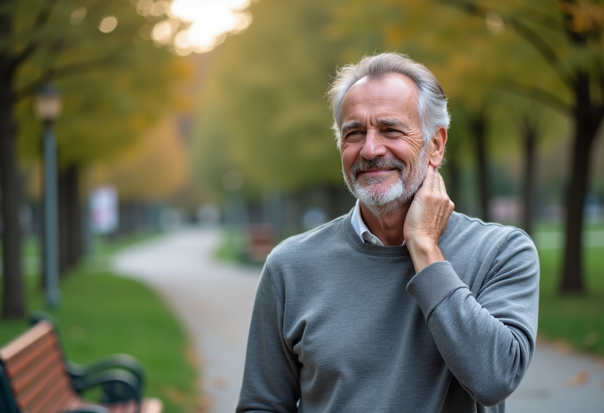 Homme d age se massant le cou dans un parc urbain
