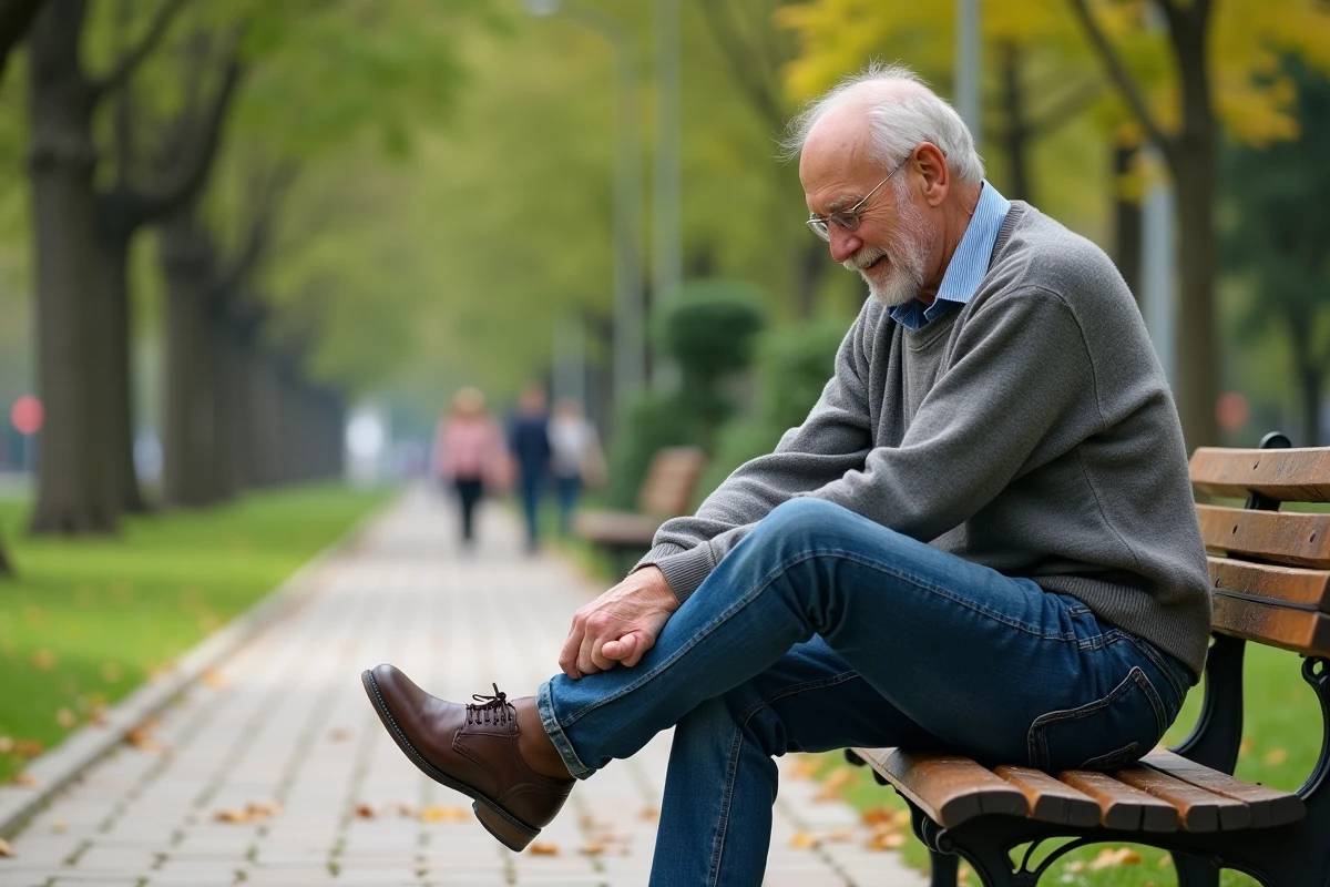 Homme âgé se relaxant en massant son pied dans un parc