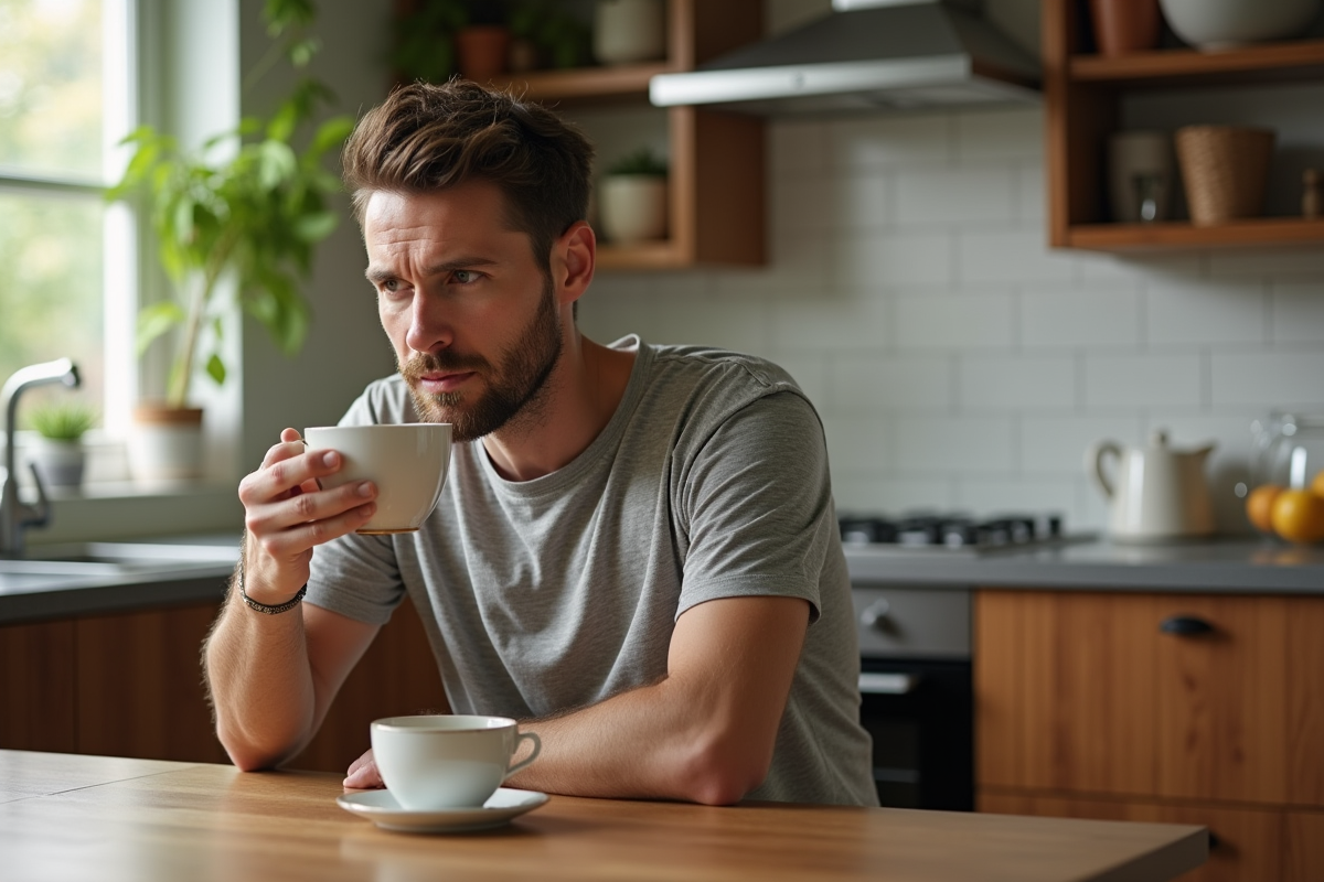 Homme en matinée sirotant un thé dans la cuisine lumineuse