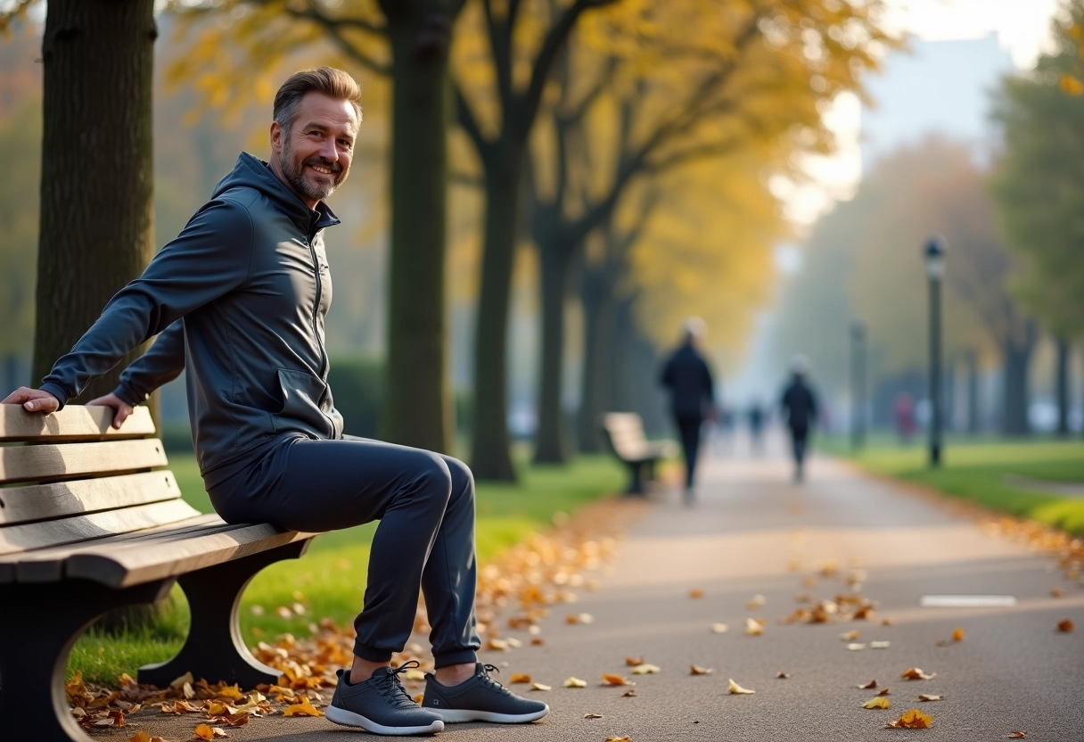 Homme en marche dans un parc urbain au matin