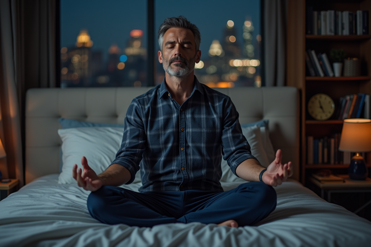 Homme méditant dans une chambre la nuit calme