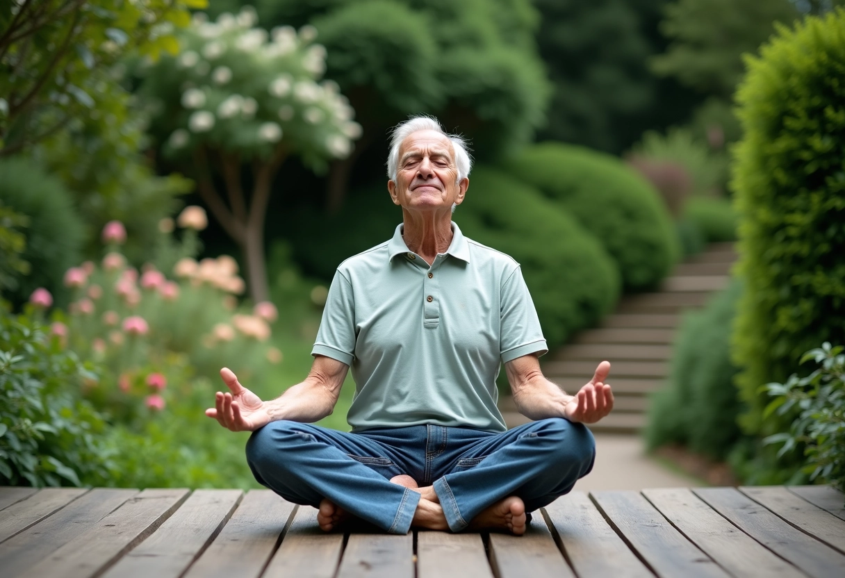 Homme âgé méditant dans un jardin verdoyant et fleuri