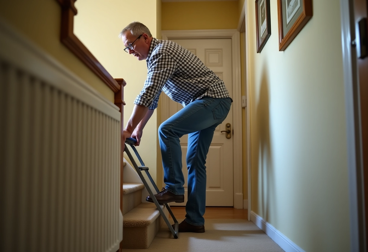 Homme moyen âge pose un tapis antidérapant sur l