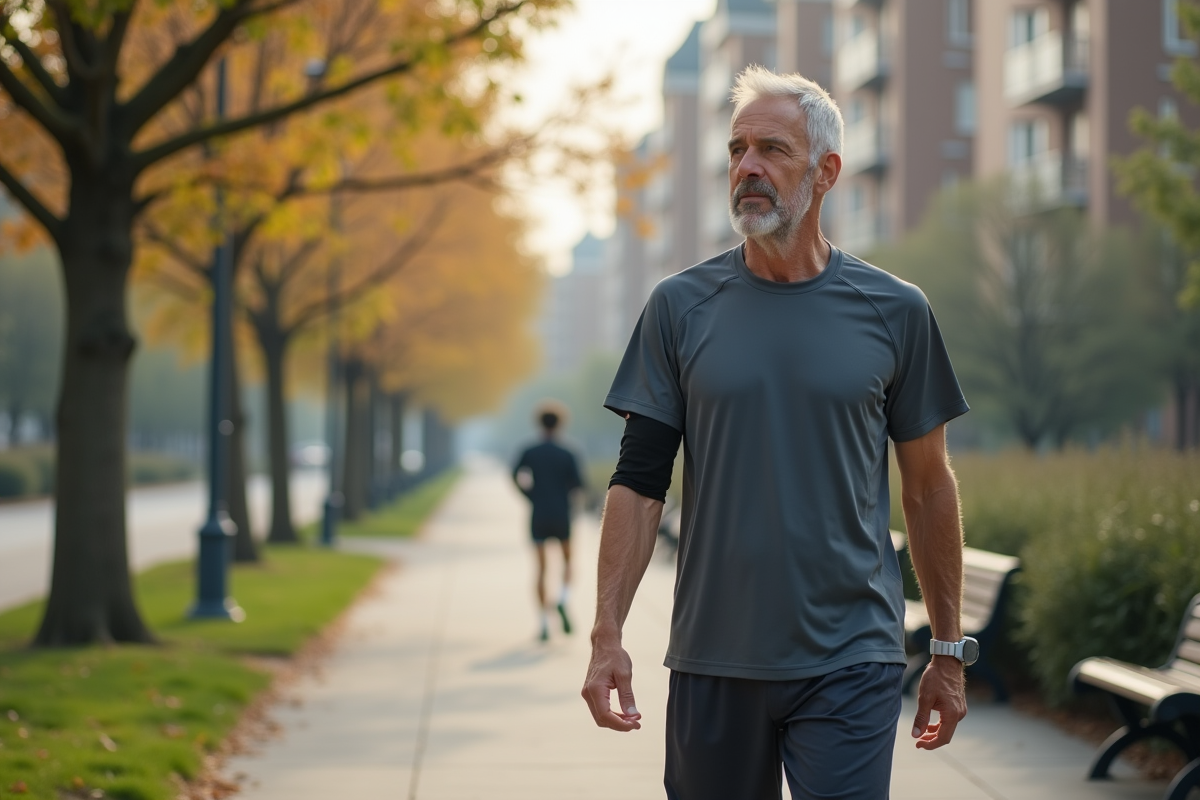 Homme en tenue de sport marchant dans un parc urbain au matin