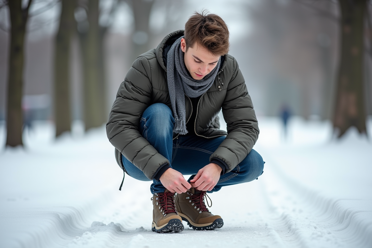 Jeune homme dans la neige en train de lacer ses bottes de randonnée