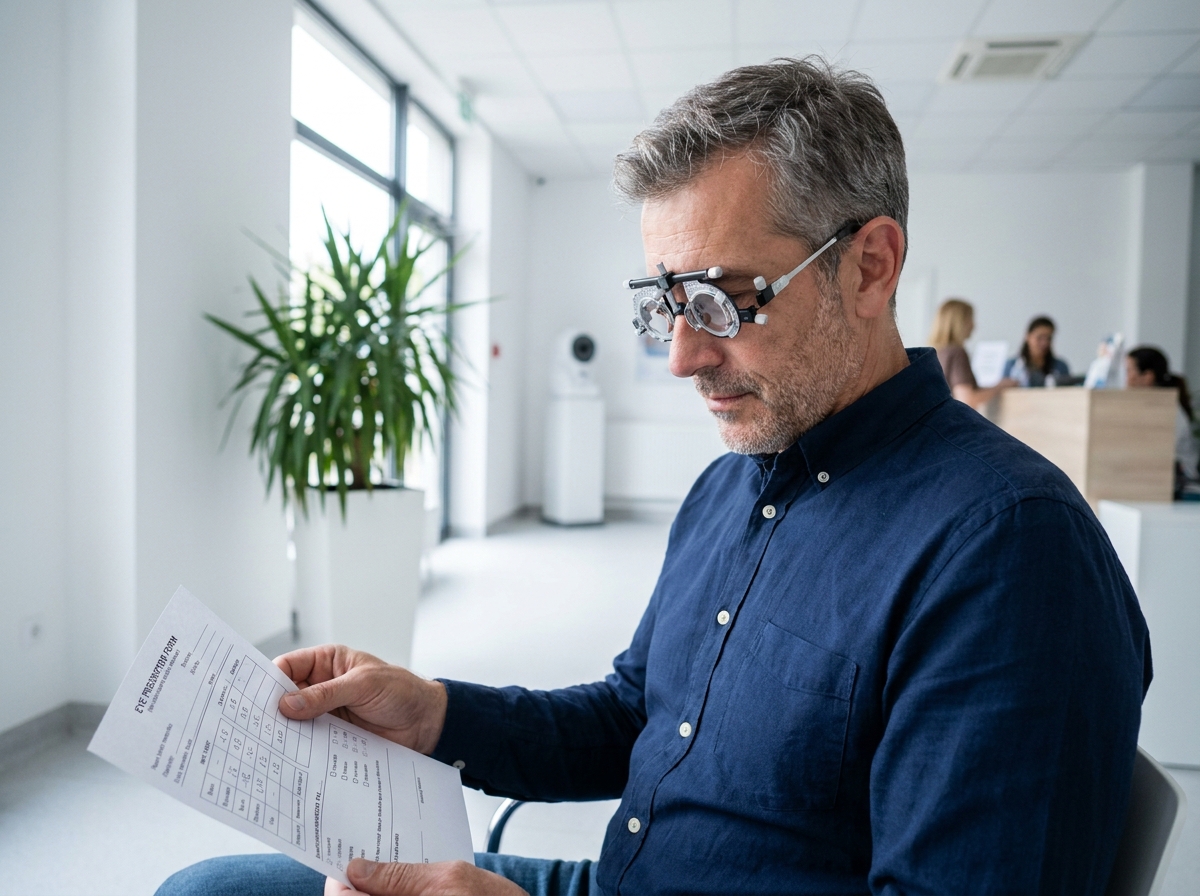 Homme d'une cinquantaine d'années lisant son ordonnance de vue avec des lunettes d'essai dans une clinique ophtalmologique