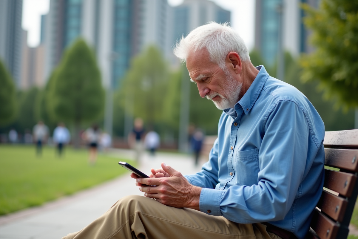 Homme age lisant alertes de sante sur son smartphone dans un parc
