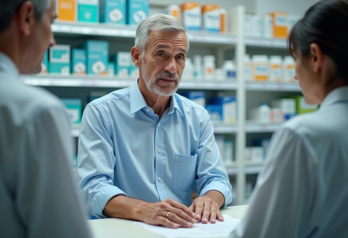 Homme consultat un pharmacien dans une pharmacie