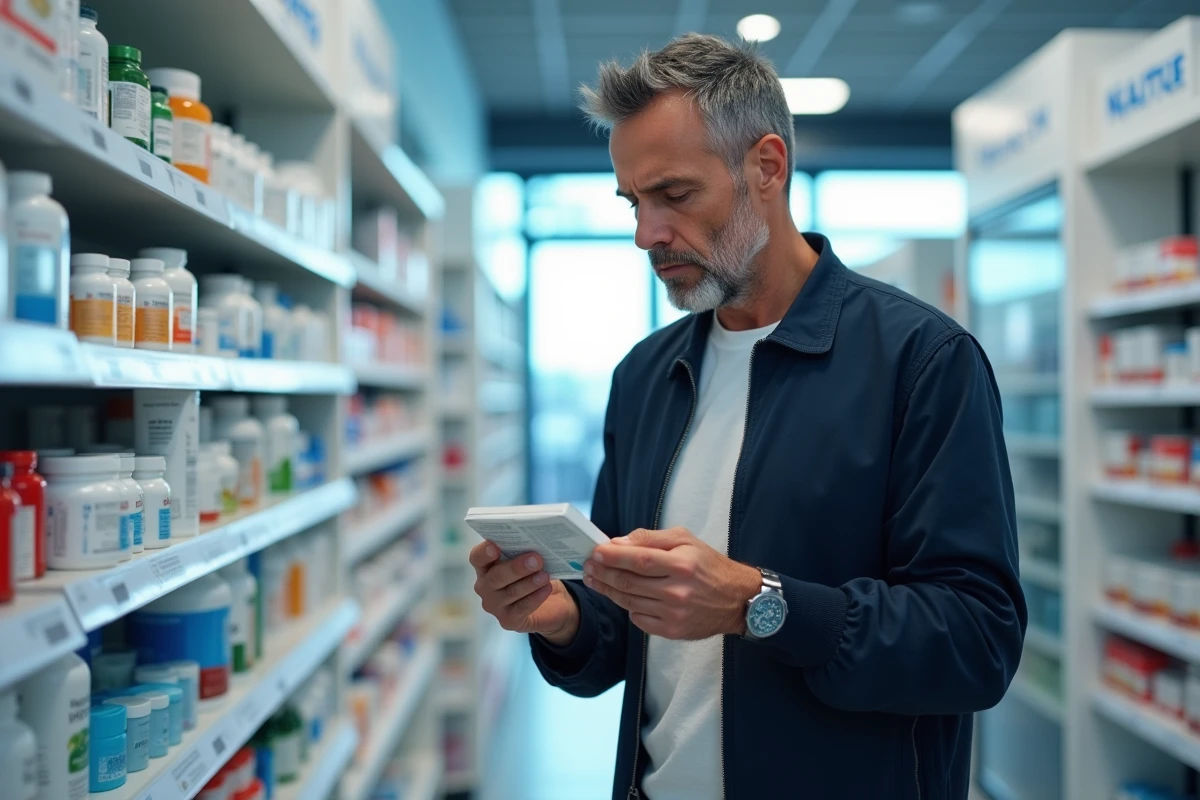 Homme lisant l'étiquette d'un produit Indiva System dans une pharmacie moderne